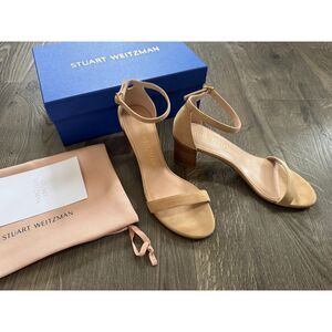 Stuart Weitzman Simple Adobe Suede Stacked Nudist Sandal Heel‎ 39 8.5 NEW W/BOX
